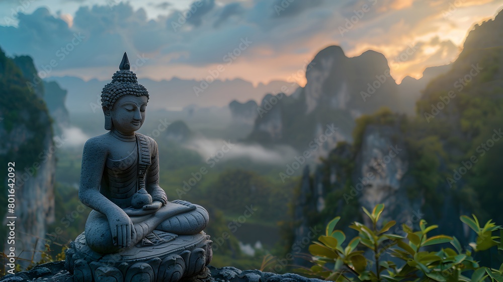 Serene Buddha statue with mountain backdrop, a symbol of peace and spirituality Serene Buddha statue with mountain backdrop, a symbol of peace and spirituality