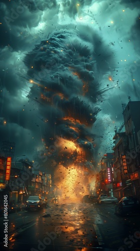 closeup city street huge cloud sky explode chaos destroyed buildings monstrous tornado source engine footage flares syndicate concept promotional