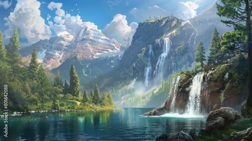 Mountain waterfalls lake landscape pine tree © Alizeh
