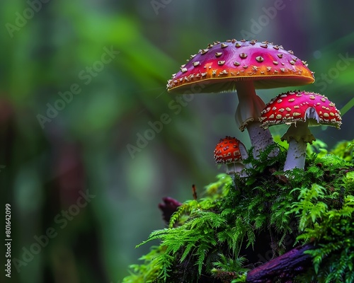 two mushrooms sitting mossy log interconnections micro vibrant dreary red glowing potions fantastical marijuana wet garish vibrantly photo