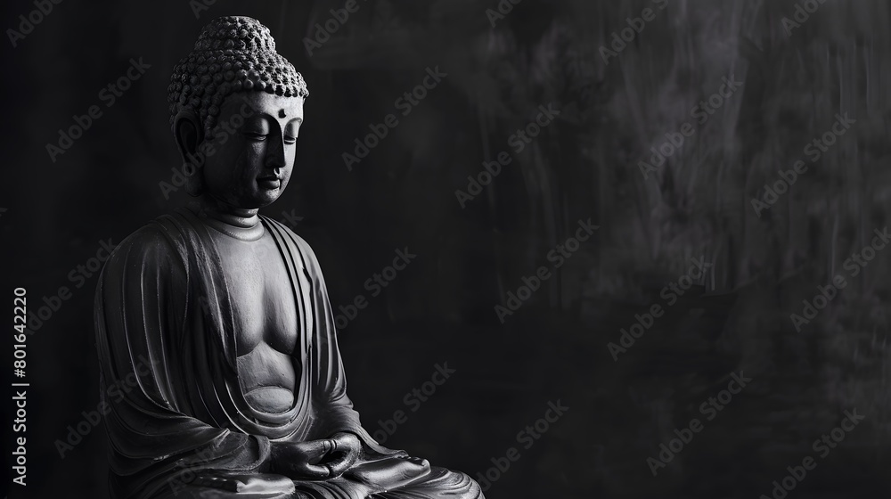 Monochrome Buddha statue with blurred black dark background