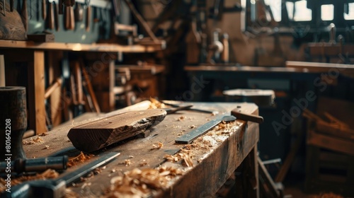 A picturesque view of a woodworking bench with tools and a piece of raw wood, ready to be transformed into a work of art, embodying the essence of creativity on National Creativity Day.