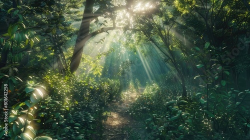 A picturesque view of a winding path through a lush forest  with rays of light filtering through the canopy  symbolizing the journey of self-discovery on World Schizophrenia Day.