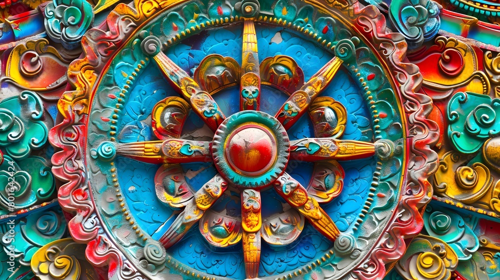 Vibrant traditional Buddhist wheel with colorful detailed patterns in high resolution