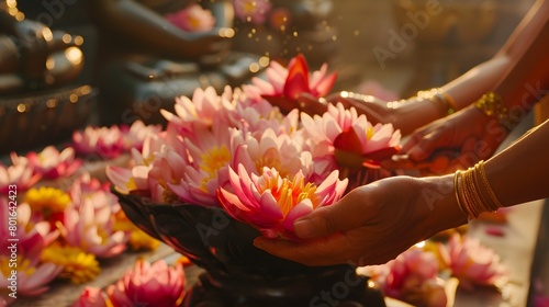 Elegant hands arranging vibrant lotus flowers in warm sunlight © CG_Lokesh_Stock
