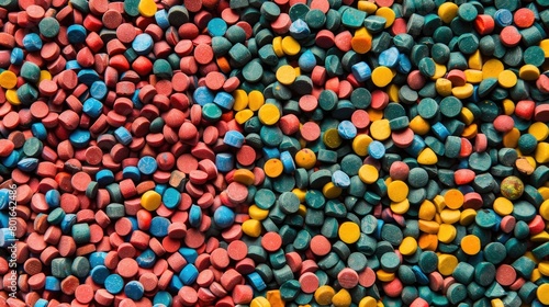 Multi-colored pellets for creature nourishing. Fertilizer in horticulture concept