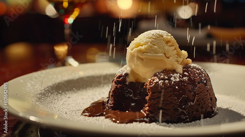 A close-up shot of a decadent chocolate lava cake oozing with molten chocolate, served with a scoop of vanilla ice cream melting on top. photo