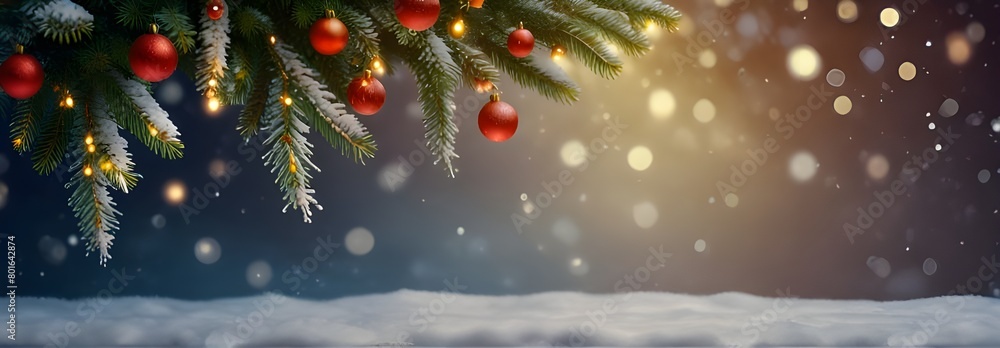 Christmas Scene with Xmas Tree, Snow, and Garland Lights,Holiday Greeting Card Design, Festive Website Banner, Social Media Post Christmas Scene with Xmas Tree, Snow, and Garland Lights,Holiday Greeting Card Design, Festive Website Banner, Social Media Post