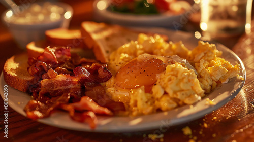A heaping plate of fluffy scrambled eggs with crispy hash browns, crispy bacon, and buttered toast, served for a hearty breakfast. photo