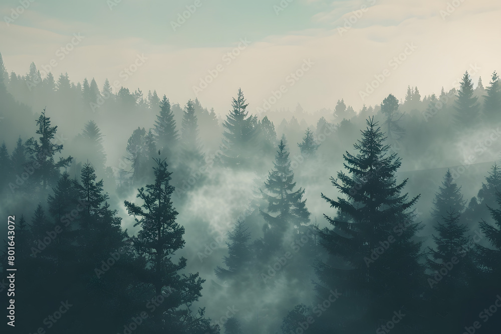 Stunning view of misty pine tree forest