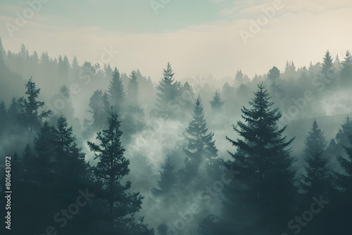 Stunning view of misty pine tree forest