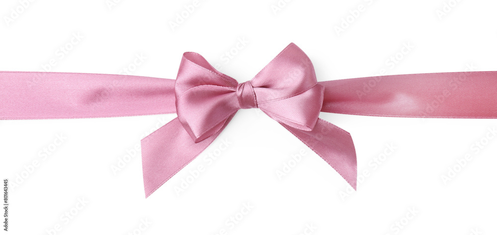 Pink satin ribbon with bow on white background, top view Pink satin ribbon with bow on white background, top view