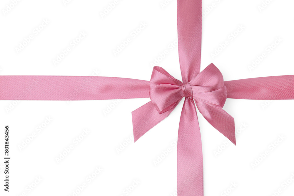 Pink satin ribbon with bow on white background, top view Pink satin ribbon with bow on white background, top view