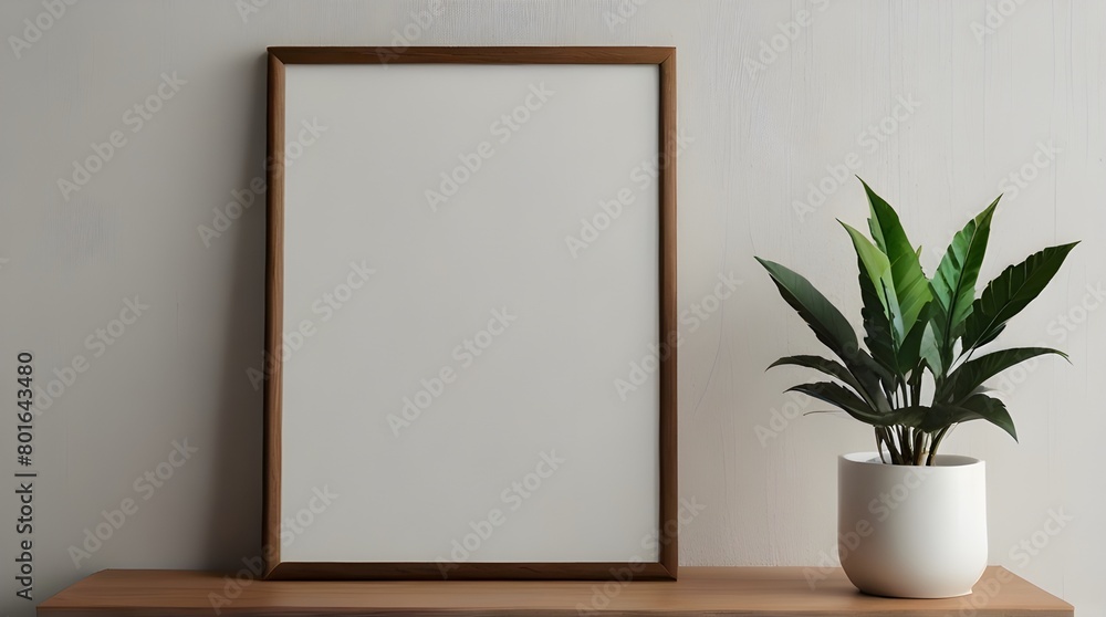 Minimalist Wooden Picture Frame Mockup on White Wallpaper, Interior Design Showcase, Art Gallery Advertisement, Product Showcase Minimalist Wooden Picture Frame Mockup on White Wallpaper, Interior Design Showcase, Art Gallery Advertisement, Product Showcase