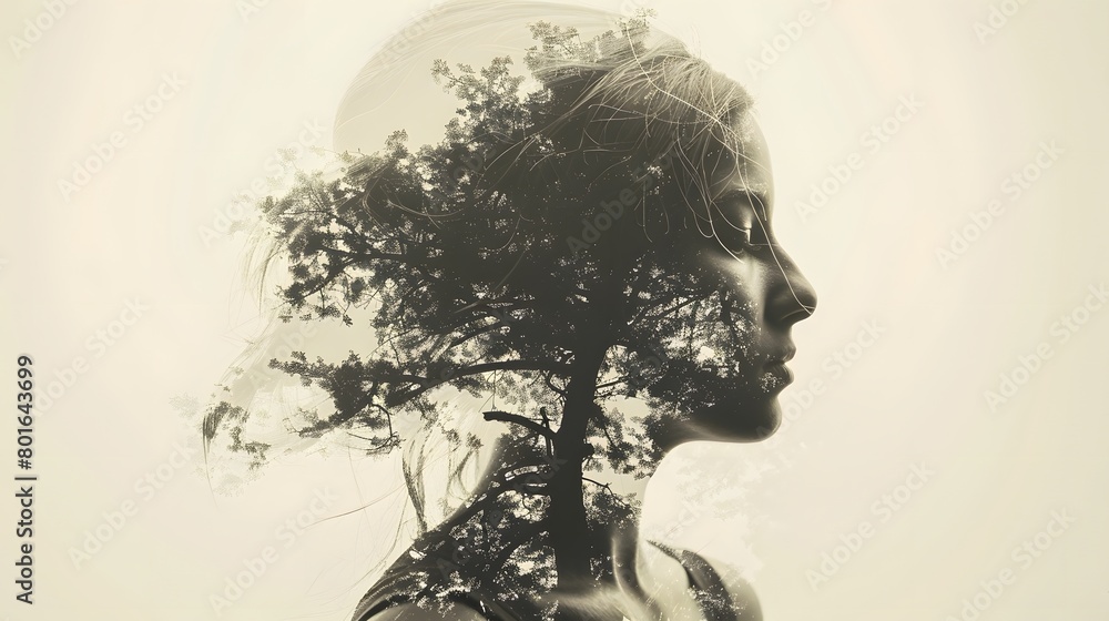 Mystical double exposure portrait of a woman with tree silhouette and sky