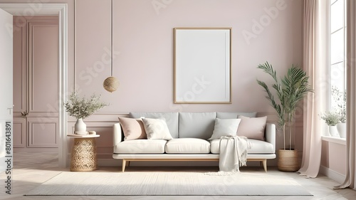  Interior Design Showcase, Art Gallery Advertisement, Product Showcase,Mockup Frame in Interior Background: Light Pastel Colors, Scandi Boho Style (3D Render)
