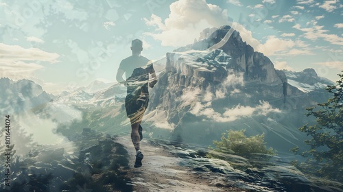 Inspirational man running through dreamy mountainous landscapes, double exposure