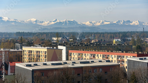 Panoramic view of the rooftops of Nowy Targ with Tatra mountains
