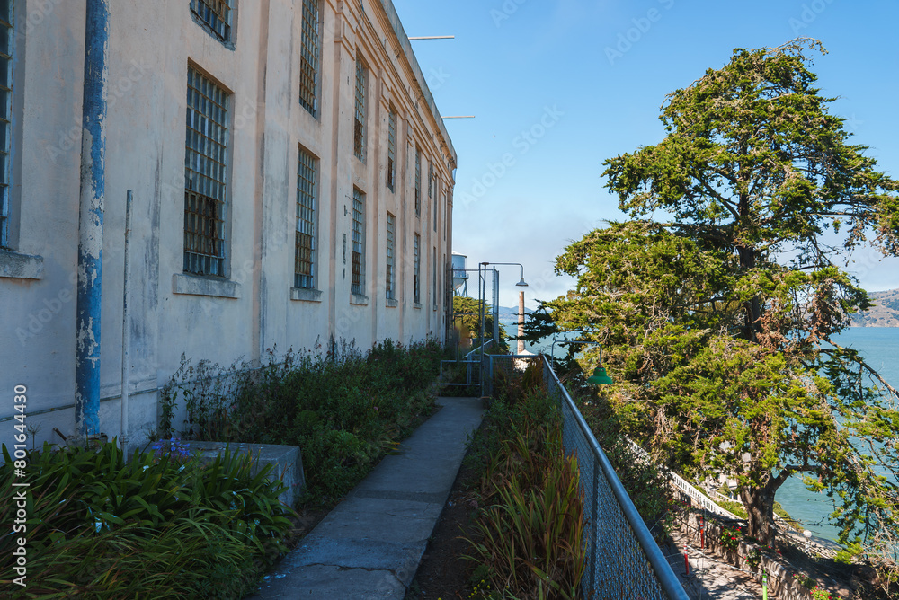 Alcatraz prison scene in San Francisco, USA. Aged building with barred windows, pathway with chain link fence, and greenery. Nature and history contrasted.
