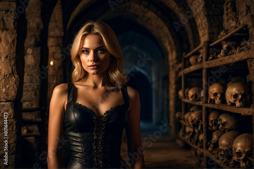 Queen of night, sexy blonde lady in black posing in dark underground room with skulls and bones in medieval castle, thought looking away. Image of Witchcraft Halloween horror concept. Copy text space