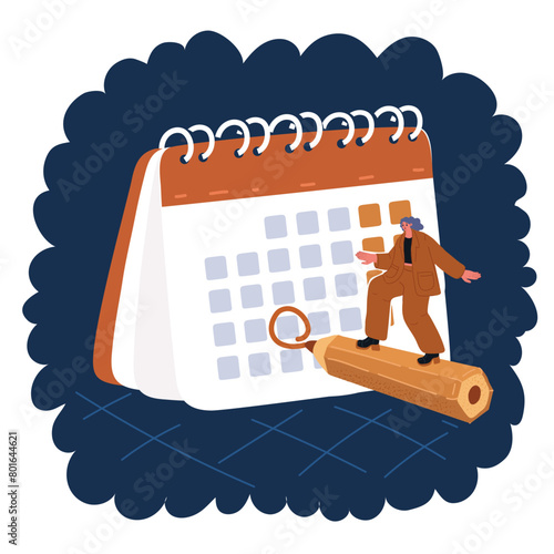 Cartoon vector illustration of Woman and period calendar. Female check dates of menstruation cycle. Calendar schedule for critical days and hygiene products vector concept.