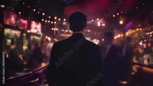 A man stands alone, enveloped in the vibrant atmosphere of a bustling bar, with lights casting an ethereal glow over lively patrons. A depressed man in a bar photo