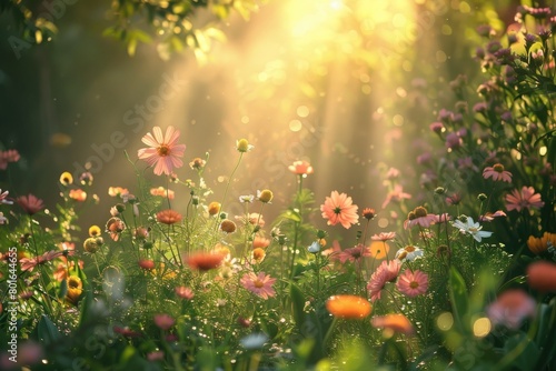 Soft morning light illuminating flower garden © Fathur
