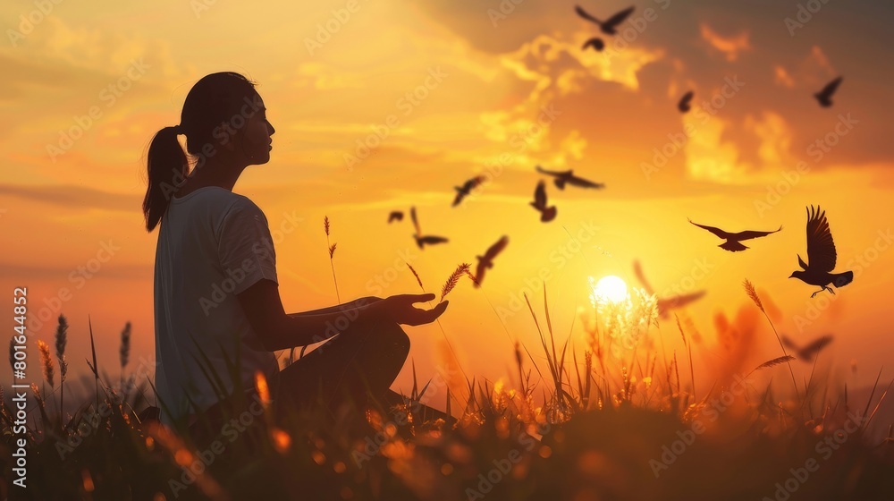 The peaceful moment of prayer at sunset, with a backdrop of warm hues, as a person sets birds free, symbolizing the release of burdens and the embrace of freedom