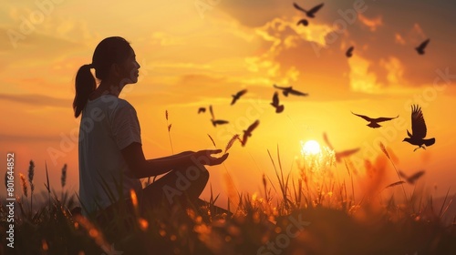 The peaceful moment of prayer at sunset, with a backdrop of warm hues, as a person sets birds free, symbolizing the release of burdens and the embrace of freedom