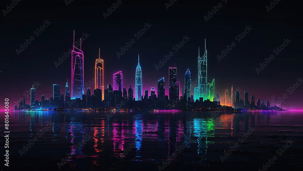 The urban landscape with neon glow and glowing contours of houses is located on the seashore, beautiful glare from neon lights on the water under the night sky