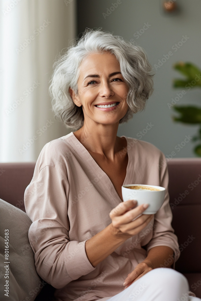Happy relaxed mature woman sitting on the sofa with a coffee cup. High quality photo Happy relaxed mature woman sitting on the sofa with a coffee cup. High quality photo
