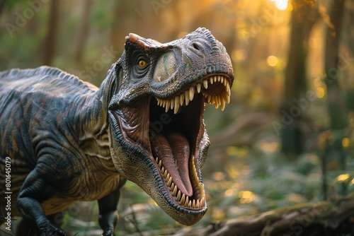 Capture the moment of an Allosaurus roaring in a display of dominance  its powerful jaws open wide with sharp teeth glistening in the sunlight