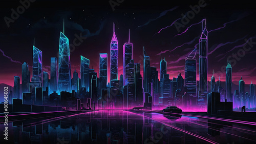 The landscape of a modern metropolis with neon glow from lights and traffic roads with glowing contours