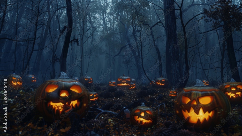 The quiet before the storm in a haunted forest, with lifeless trees standing guard over a congregation of mischievously carved pumpkins. The quiet before the storm in a haunted forest, with lifeless trees standing guard over a congregation of mischievously carved pumpkins.