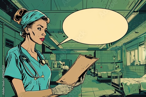 A dedicated nurse in a hospital ward reviews a patient chart, captured in an illustrated moment with a speech bubble for medical narratives.