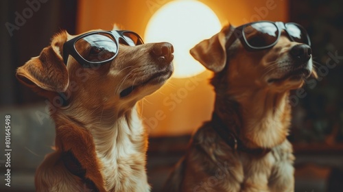 Nostagia vintage dogs looking at a total solar eclipse with protective glasses on. Reflection of the total solar eclipse in the glasses background. photo