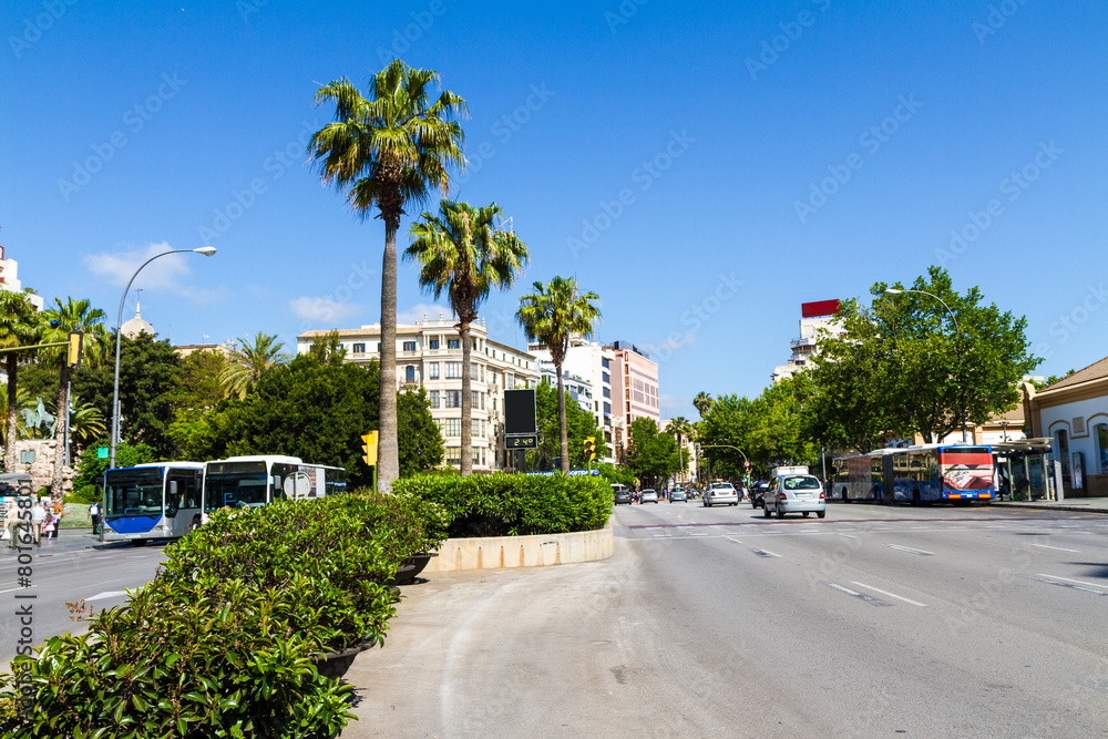 Plaza Espanya, urban city center in Palma de Mallorca, Balearic Islands, Spain. Travel concept.