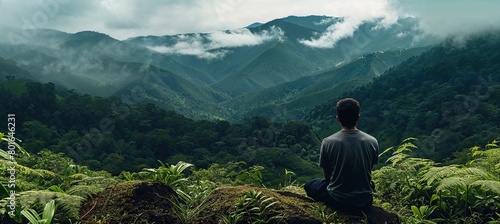 A Seated Man looks out from a Breath-taking viewpoint at a Lush, Natural Landscape. Nature Background / Conservation Concept. photo