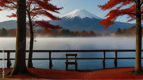  Travel Brochure, Tourism Website Banner, Social Media Post, Colorful Leaves, Mount Fuji, and Morning Fog at Lake Kawaguchiko