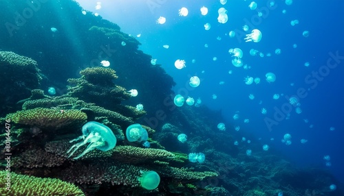 an underwater scene with bioluminescent jellyfish