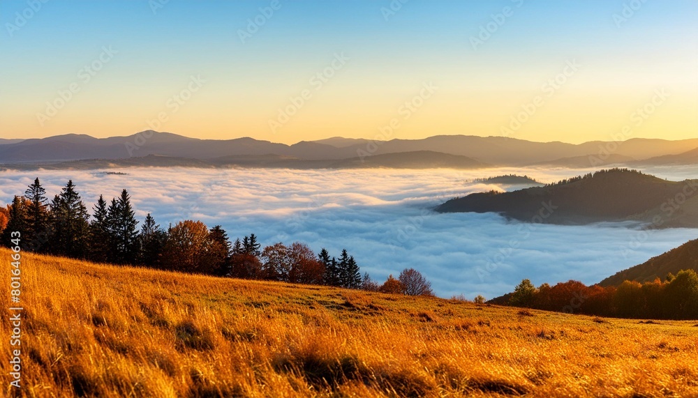 panoramic view of mountains autumn landscape with foggy hills at sunrise