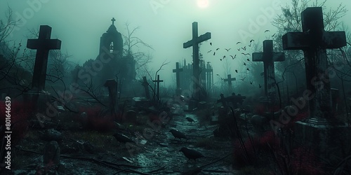 crosses cemetery lot trees gehenna best fog ancient ruins frightful courtyard post apocalyptic city streaming fiendish photo