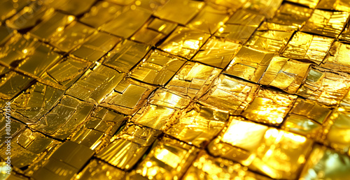 Sparkling Gold Texture Background. Close-Up of a Surface Covered with Golden Tiles, Highlighting Light Reflections and Irregular Shapes photo