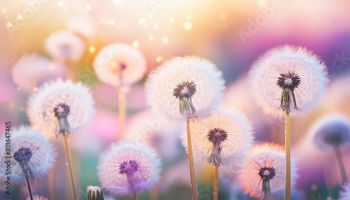 colorful background of dandelions in close up