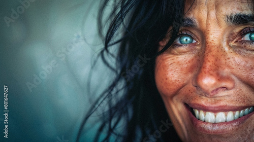 Close-Up Smiling Detailed Middle-Aged 50 to 60 Year Old Woman Dark-Haired