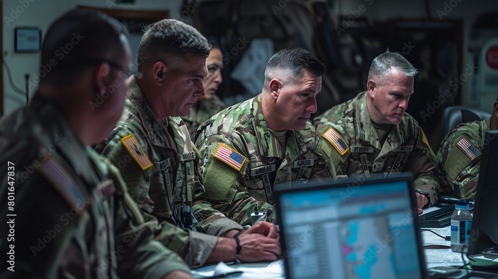 Fototapeta premium Military strategizing in a high-stakes operation room setting, focused teamwork