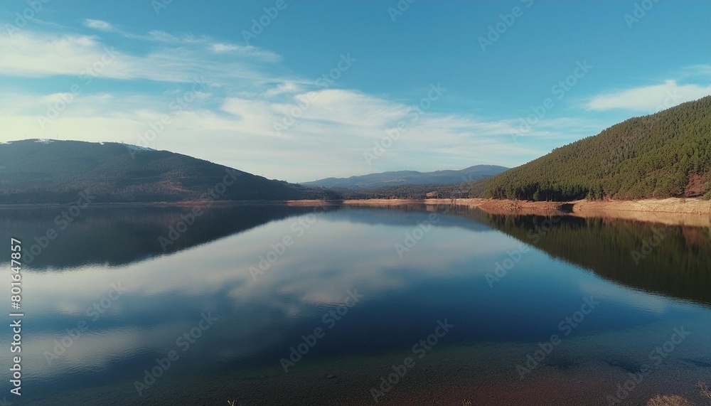 landscape of a lake and blue sky reflected