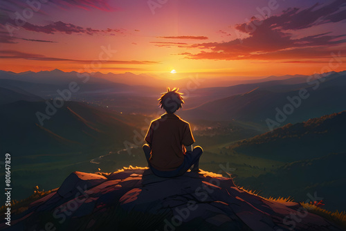 Anime Boy On Mountain with beautiful view