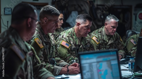 Military strategizing in a high-stakes operation room setting, focused teamwork