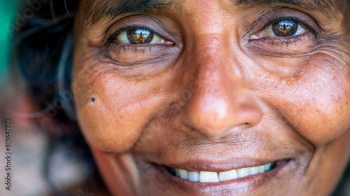 Close-Up Smiling Detailed Middle-Aged 50 to 60 Year Old Woman Brown-Skinned Indian or Latina